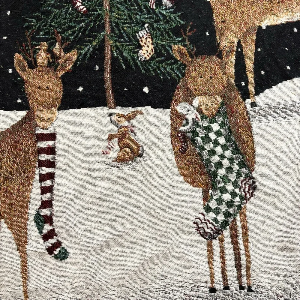 Woven Christmas Tapestry Throw Blanket Reindeer Party Trees Stockings 45x54